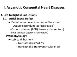 I. Acyanotic Congenital Heart Diseases
1. Left to Right Shunt Lesions
  1.1 Atrial Septal Defect
        Defect occur in ...