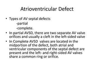 Atrioventricular Defect
• Types of AV septal defects
-partial
-complete.
• In partial AVSD, there are two separate AV valve
orifices and usually a cleft in the left-sided valve
• In Complete AVSD valves are located in the
midportion of the defect, both atrial and
ventricular components of the septal defect are
present and the left- and right-sided AV valves
share a common ring or orifice.
 