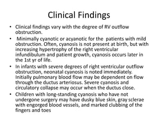 Clinical Findings
• Clinical findings vary with the degree of RV outflow
obstruction.
• Minimally cyanotic or acyanotic for the patients with mild
obstruction. Often, cyanosis is not present at birth, but with
increasing hypertrophy of the right ventricular
infundibulum and patient growth, cyanosis occurs later in
the 1st yr of life.
• In infants with severe degrees of right ventricular outflow
obstruction, neonatal cyanosis is noted immediately.
Initially pulmonary blood flow may be dependent on flow
through the ductus arteriosus. Severe cyanosis and
circulatory collapse may occur when the ductus close.
• Children with long-standing cyanosis who have not
undergone surgery may have dusky blue skin, gray sclerae
with engorged blood vessels, and marked clubbing of the
fingers and toes
 