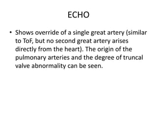 ECHO
• Shows override of a single great artery (similar
to ToF, but no second great artery arises
directly from the heart). The origin of the
pulmonary arteries and the degree of truncal
valve abnormality can be seen.
 