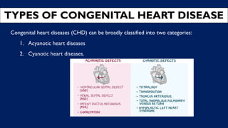 TYPES OF CONGENITAL HEART DISEASE
Congenital heart diseases (CHD) can be broadly classified into two categories:
1. Acyanotic heart diseases
2. Cyanotic heart diseases.
 