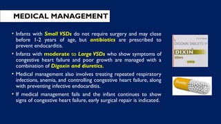 • Infants with Small VSDs do not require surgery and may close
before 1-2 years of age, but antibiotics are prescribed to
prevent endocarditis.
• Infants with moderate to Large VSDs who show symptoms of
congestive heart failure and poor growth are managed with a
combination of Digoxin and diuretics.
• Medical management also involves treating repeated respiratory
infections, anemia, and controlling congestive heart failure, along
with preventing infective endocarditis.
• If medical management fails and the infant continues to show
signs of congestive heart failure, early surgical repair is indicated.
MEDICAL MANAGEMENT
 