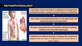 PATHOPHYSIOLOGY
Coarctation of the aorta leads to a significant narrowing at the
juxtaductal position, causing increased resistance to blood flow.
This results in increased blood pressure in the upper body and
reduced pressure to the lower body.
Collateral circulation develops to bypass the constricted
area, but this can result in complications such as heart failure or
aortic rupture.
The heart compensates by increasing left ventricular workload,
leading to left ventricular hypertrophy.
[
 