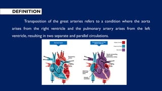 DEFINITION
Transposition of the great arteries refers to a condition where the aorta
arises from the right ventricle and the pulmonary artery arises from the left
ventricle, resulting in two separate and parallel circulations.
 