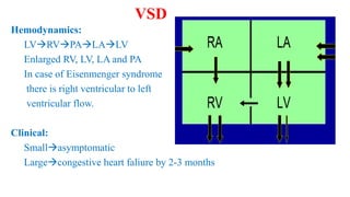 Hemodynamics:
LVRVPALALV
Enlarged RV, LV, LA and PA
In case of Eisenmenger syndrome
there is right ventricular to left
ventricular flow.
Clinical:
Smallasymptomatic
Largecongestive heart faliure by 2-3 months
VSD
 