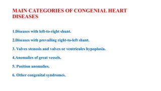 MAIN CATEGORIES OF CONGENIAL HEART
DISEASES
1.Diseases with left-to-right shunt.
2.Diseases with prevailing right-to-left shunt.
3. Valves stenosis and valves or ventricules hypoplasia.
4.Anomalies of great vessels.
5. Position anomalies.
6. Other congenital syndromes.
 