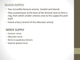 BLOODSUPPLY
• Two circumflex femoral arteries (medial and lateral)
• They anastomoses at the base of the femoral neck to form a
ring, from which smaller arteries arise to the supply the joint
itself.
• Foveal artery ( branch of the obturator artery)
NERVE SUPPLY
• Femoral nerve
• Obturator nerve
• Nerve to quadratus femoris
• Superior gluteal nerve
 