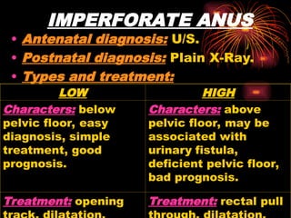 IMPERFORATE ANUS
• Antenatal diagnosis: U/S.
• Postnatal diagnosis: Plain X-Ray.
• Types and treatment:
HIGH
LOW
Characters: above
pelvic floor, may be
associated with
urinary fistula,
deficient pelvic floor,
bad prognosis.
Characters: below
pelvic floor, easy
diagnosis, simple
treatment, good
prognosis.
Treatment: rectal pull
Treatment: opening
 