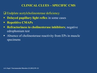 CLINICAL CLUES – SPECIFIC CMS
 Endplate acetylcholinesterase deficiency
 Delayed pupillary light reflex in some cases
 Repetitive CMAPs
 Refractoriness to cholinesterase inhibitors; negative
edrophonium test
 Absence of cholinesterase reactivity from EPs in muscle
specimens

A.G. Engel / Neuromuscular Disorders 22 (2012) 99–111

 