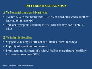 DIFFERENTIAL DIAGNOSIS
 Vs Neonatal transient Myasthenia
 +ve h/o MG in mother (affects 10-20% of newborns whose mothers
have autoimmune MG)
 Transient symptoms (usually last < 2wks but may occur upto 12
wks)
 Vs Infantile Botulism
 Suggestive history ( 4mths of age, infants fed with honey)
 Rapidity of symptom progression
 Prominent involvement of ocular & bulbar musculature (pupillary
invovement seen in ~ 50% )

Bradley’s Neurology in Clinical Practice. 6th edition

 