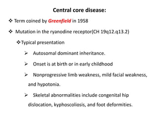 Central core disease:
 Term coined by Greenfield in 1958
 Mutation in the ryanodine receptor(CH 19q12.q13.2)
Typical presentation
 Autosomal dominant inheritance.
 Onset is at birth or in early childhood
 Nonprogressive limb weakness, mild facial weakness,
and hypotonia.
 Skeletal abnormalities include congenital hip
dislocation, kyphoscoliosis, and foot deformities.
 