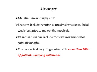 AR variant
Mutations in amphiphysin 2.
Features include hypotonia, proximal weakness, facial
weakness, ptosis, and ophthalmoplegia.
Other features can include contractures and dilated
cardiomyopathy.
The course is slowly progressive, with more than 50%
of patients surviving childhood.
 