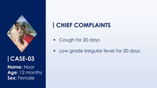 CASE-03
Name: Noor
Age: 12 months
Sex: Female
CHIEF COMPLAINTS
▪ Cough for 20 days
▪ Low grade irregular fever for 20 days
 