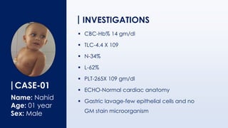 INVESTIGATIONS
▪ CBC-Hb% 14 gm/dl
▪ TLC-4.4 X 109
▪ N-34%
▪ L-62%
▪ PLT-265X 109 gm/dl
▪ ECHO-Normal cardiac anatomy
▪ Gastric lavage-few epithelial cells and no
GM stain microorganism
CASE-01
Name: Nahid
Age: 01 year
Sex: Male
 