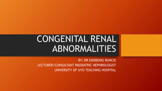 CONGENITAL RENAL
ABNORMALITIES
BY: DR ENOBONG RUNCIE
LECTURER/CONSULTANT PAEDIATRIC NEPHROLOGIST
UNIVERSITY OF UYO TEACHING HOSPITAL
 
