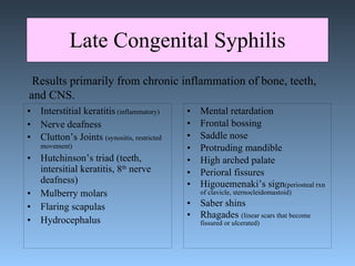 Late Congenital Syphilis Interstitial keratitis  (inflammatory) Nerve deafness Clutton’s Joints  (synositis, restricted movement) Hutchinson’s triad (teeth, intersitial keratitis, 8 th  nerve deafness) Mulberry molars Flaring scapulas Hydrocephalus Mental retardation  Frontal bossing Saddle nose Protruding mandible High arched palate Perioral fissures Higouemenaki’s sign (periosteal rxn of clavicle, sternocleidomastoid) Saber shins Rhagades  (linear scars that become fissured or ulcerated) Results primarily from chronic inflammation of bone, teeth, and CNS.  