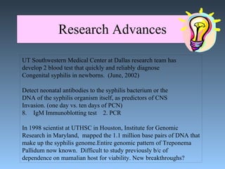 Research Advances UT Southwestern Medical Center at Dallas research team has  develop 2 blood test that quickly and reliably diagnose  Congenital syphilis in newborns.  (June, 2002) Detect neonatal antibodies to the syphilis bacterium or the  DNA of the syphilis organism itself, as predictors of CNS Invasion. (one day vs. ten days of PCN) IgM Immunoblotting test  2. PCR In 1998 scientist at UTHSC in Houston, Institute for Genomic Research in Maryland,  mapped the 1.1 million base pairs of DNA that make up the syphilis genome.Entire genomic pattern of Treponema Pallidum now known.  Difficult to study previously b/c of  dependence on mamalian host for viability. New breakthroughs? 