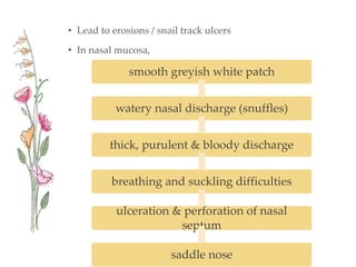 • Lead to erosions / snail track ulcers
• In nasal mucosa,
smooth greyish white patch
watery nasal discharge (snuffles)
thick, purulent & bloody discharge
breathing and suckling difficulties
ulceration & perforation of nasal
septum
saddle nose
 