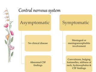 Central nervous system
Asymptomatic
No clinical disease
Abnormal CSF
findings
Symptomatic
Meningeal or
meningoencephalitis
involvement
Convulsions, bulging
fontanelles, stiffness of
neck, hydrocephalus &
CSF findings
 