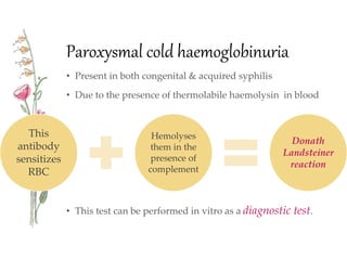 Paroxysmal cold haemoglobinuria
• Present in both congenital & acquired syphilis
• Due to the presence of thermolabile haemolysin in blood
• This test can be performed in vitro as a diagnostic test.
This
antibody
sensitizes
RBC
Hemolyses
them in the
presence of
complement
Donath
Landsteiner
reaction
 