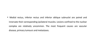 • Medial rectus, inferior rectus and inferior oblique subnuclei are paired and
innervate their corresponding ipsilateral muscles. Lesions confined to the nuclear
complex are relatively uncommon. The most frequent causes are vascular
disease, primary tumours and metastases.
 