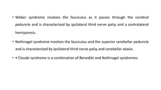 • Weber syndrome involves the fasciculus as it passes through the cerebral
peduncle and is characterized by ipsilateral third nerve palsy and a contralateral
hemiparesis.
• Nothnagel syndrome involves the fasciculus and the superior cerebellar peduncle
and is characterized by ipsilateral third nerve palsy and cerebellar ataxia.
• • Claude syndrome is a combination of Benedikt and Nothnagel syndromes
 