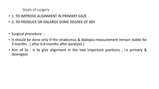 Goals of surgery
• 1. TO IMPROVE ALIGNMENT IN PRIMARY GAZE .
• 2. TO PRODUCE OR ENLARGE SOME DEGREE OF BSV
• Surgical procedure :
• It should be done only if the strabismus & diplopia measurement remain stable for
3 months . ( after 6-8 months after paralysis )
• Aim of Sx : is to give alignment in the two important positions , i.e primary &
downgaze
 