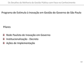 Programa de Estímulo à Inovação em Gestão do Governo de São PauloPilaresRede Paulista de Inovação em GovernoInstitucionalização - DecretoAções de Implementação