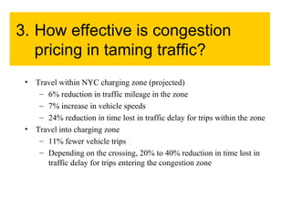3. How effective is congestion pricing in taming traffic? Travel within NYC charging zone (projected) 6% reduction in traffic mileage in the zone 7% increase in vehicle speeds 24% reduction in time lost in traffic delay for trips within the zone Travel into charging zone 11% fewer vehicle trips Depending on the crossing, 20% to 40% reduction in time lost in traffic delay for trips entering the congestion zone 