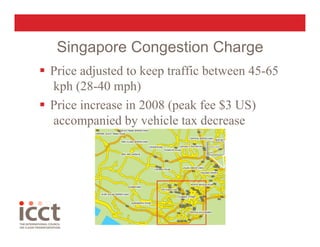 Singapore Congestion Charge
  Price adjusted to keep traffic between 45-65
   kph (28-40 mph)
  Price increase in 2008 (peak fee $3 US)
   accompanied by vehicle tax decrease
 