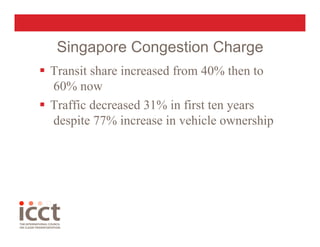 Singapore Congestion Charge
  Transit share increased from 40% then to
   60% now
  Traffic decreased 31% in first ten years
   despite 77% increase in vehicle ownership
 