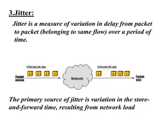 3.Jitter:
Jitter is a measure of variation in delay from packet
to packet (belonging to same flow) over a period of
time.
The primary source of jitter is variation in the store-
and-forward time, resulting from network load
 