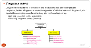 9/10/201711
 Congestion control
Congestion control refers to techniques and mechanisms that can either prevent
congestion, before it happens, or remove congestion, after it has happened. In general, we
can divide congestion control mechanisms into two broad categories:
open-loop congestion control (prevention)
closed-loop congestion control (removal)
 
