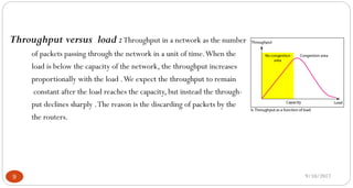 9/10/20179
Throughput versus load :Throughput in a network as the number
of packets passing through the network in a unit of time.When the
load is below the capacity of the network, the throughput increases
proportionally with the load .We expect the throughput to remain
constant after the load reaches the capacity, but instead the through-
put declines sharply .The reason is the discarding of packets by the
the routers.
 