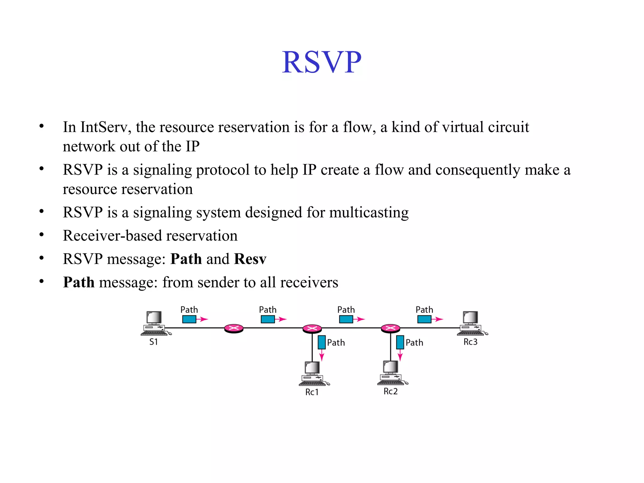 RSVP
• In IntServ, the resource reservation is for a flow, a kind of virtual circuit
network out of the IP
• RSVP is a signaling protocol to help IP create a flow and consequently make a
resource reservation
• RSVP is a signaling system designed for multicasting
• Receiver-based reservation
• RSVP message: Path and Resv
• Path message: from sender to all receivers
 