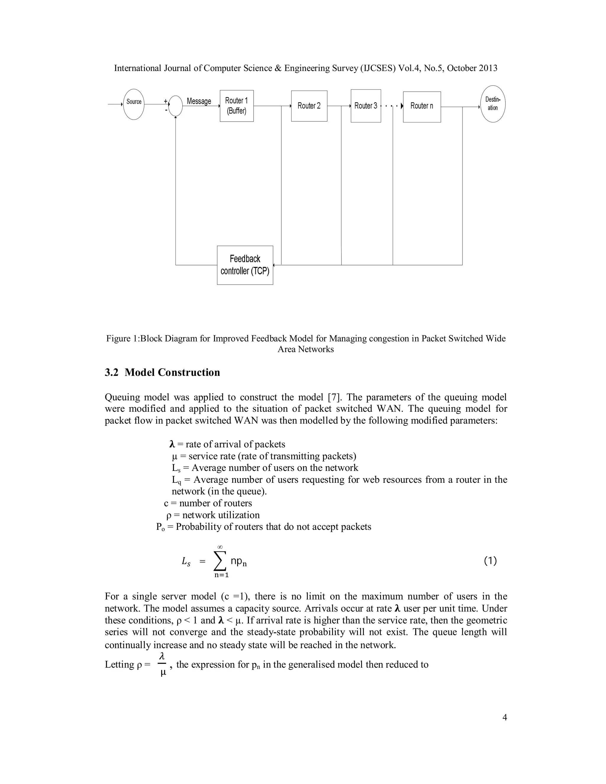 International Journal of Computer Science & Engineering Survey (IJCSES) Vol.4, No.5, October 2013

Figure 1:Block Diagram for Improved Feedback Model for Managing congestion in Packet Switched Wide
Area Networks

3.2 Model Construction
Queuing model was applied to construct the model [7]. The parameters of the queuing model
were modified and applied to the situation of packet switched WAN. The queuing model for
packet flow in packet switched WAN was then modelled by the following modified parameters:
= rate of arrival of packets
µ = service rate (rate of transmitting packets)
Ls = Average number of users on the network
Lq = Average number of users requesting for web resources from a router in the
network (in the queue).
c = number of routers
ρ = network utilization
Po = Probability of routers that do not accept packets
∞

=

np

(1)

For a single server model (c =1), there is no limit on the maximum number of users in the
network. The model assumes a capacity source. Arrivals occur at rate user per unit time. Under
these conditions, ρ < 1 and < µ. If arrival rate is higher than the service rate, then the geometric
series will not converge and the steady-state probability will not exist. The queue length will
continually increase and no steady state will be reached in the network.
Letting ρ =

, the expression for pn in the generalised model then reduced to

4

 