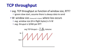 TCP throughput
▪ avg. TCP throughput as function of window size, RTT?
• ignore slow start, assume there is always data to send
▪ W: window size (measured in bytes) where loss occurs
• avg. window size (# in-flight bytes) is ¾ W
• avg. thruput is 3/4W per RTT
W
W/2
avg TCP thruput =
3
4
W
RTT
bytes/sec
 
