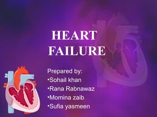 HEART
FAILURE
Prepared by:
•Sohail khan
•Rana Rabnawaz
•Momina zaib
•Sufia yasmeen
 