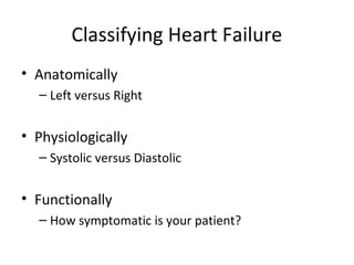 Classifying Heart Failure
• Anatomically
  – Left versus Right


• Physiologically
  – Systolic versus Diastolic


• Functionally
  – How symptomatic is your patient?
 