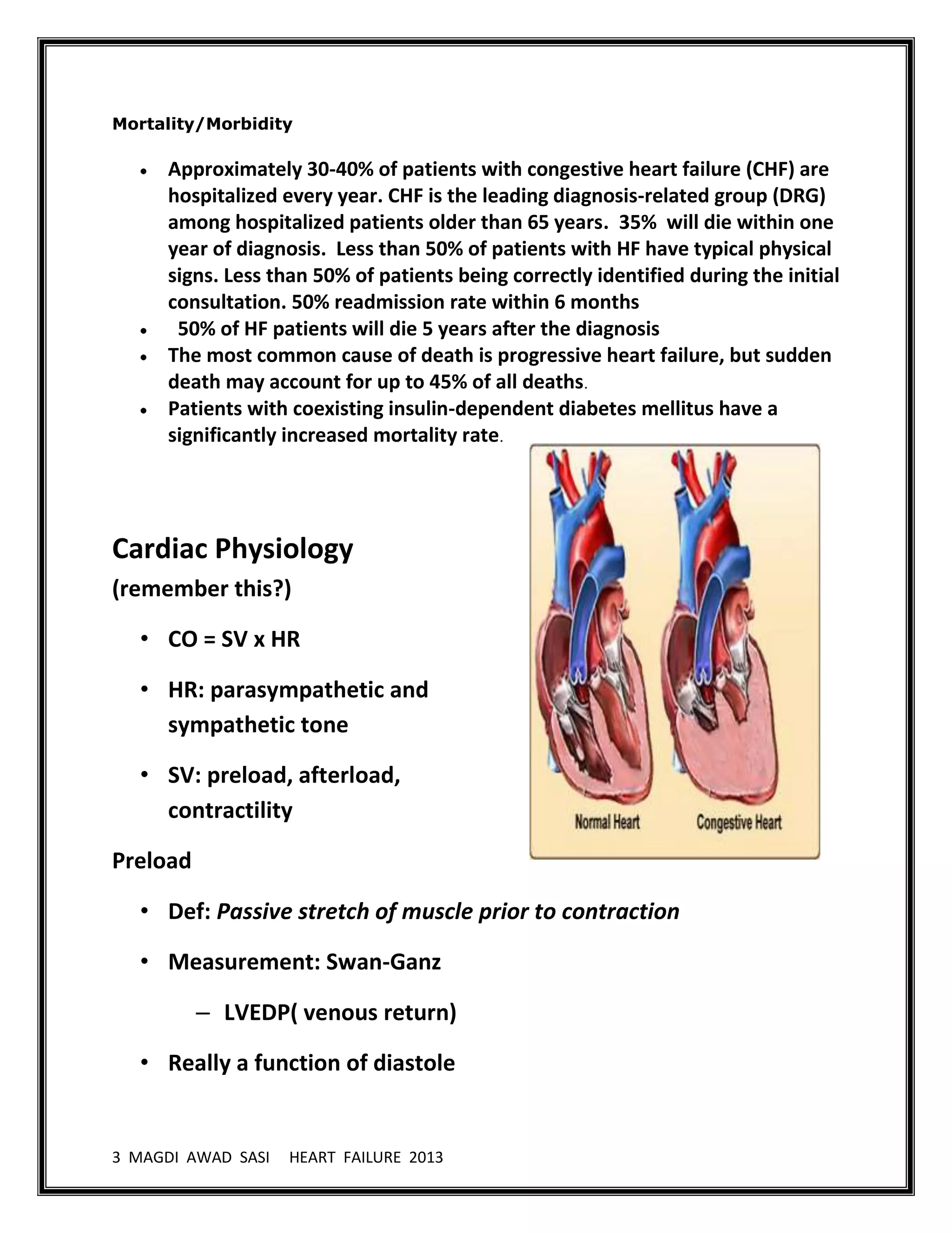 3 MAGDI AWAD SASI HEART FAILURE 2013
Mortality/Morbidity
Approximately 30-40% of patients with congestive heart failure (CHF) are
hospitalized every year. CHF is the leading diagnosis-related group (DRG)
among hospitalized patients older than 65 years. 35% will die within one
year of diagnosis. Less than 50% of patients with HF have typical physical
signs. Less than 50% of patients being correctly identified during the initial
consultation. 50% readmission rate within 6 months
50% of HF patients will die 5 years after the diagnosis
The most common cause of death is progressive heart failure, but sudden
death may account for up to 45% of all deaths.
Patients with coexisting insulin-dependent diabetes mellitus have a
significantly increased mortality rate.
Cardiac Physiology
(remember this?)
• CO = SV x HR
• HR: parasympathetic and
sympathetic tone
• SV: preload, afterload,
contractility
Preload
• Def: Passive stretch of muscle prior to contraction
• Measurement: Swan-Ganz
– LVEDP( venous return)
• Really a function of diastole
 