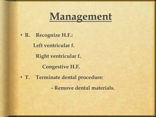 Management	
s  R.

Recognize H.F.:
Left ventricular f.
Right ventricular f.
Congestive H.F.

s  T.

Terminate dental procedure:
- Remove dental materials. 	

 