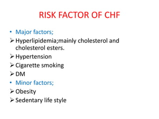 RISK FACTOR OF CHF
• Major factors;
Hyperlipidemia;mainly cholesterol and
cholesterol esters.
Hypertension
Cigarette smoking
DM
• Minor factors;
Obesity
Sedentary life style
 