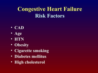 Congestive Heart Failure
Risk Factors
• CAD
• Age
• HTN
• Obesity
• Cigarette smoking
• Diabetes mellitus
• High cholesterol
 