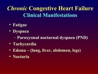 Chronic Congestive Heart Failure
Clinical Manifestations
• Fatigue
• Dyspnea
– Paroxysmal nocturnal dyspnea (PND)
• Tachycardia
• Edema – (lung, liver, abdomen, legs)
• Nocturia
 
