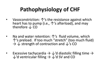 Pathophysiology of CHF
• Vasoconstriction: ↑’s the resistance against which
heart has to pump (i.e., ↑’s afterload), and may
therefore ↓ CO
• Na and water retention: ↑’s fluid volume, which
↑’s preload. If too much “stretch” (too much fluid)
→ ↓ strength of contraction and ↓’s CO
• Excessive tachycardia → ↓’d diastolic filling time →
↓’d ventricular filling → ↓’d SV and CO
 