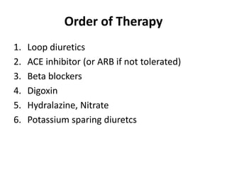 Order of Therapy
1. Loop diuretics
2. ACE inhibitor (or ARB if not tolerated)
3. Beta blockers
4. Digoxin
5. Hydralazine, Nitrate
6. Potassium sparing diuretcs
 