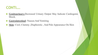 CONTI….
 Genitourinary-Decreased Urinary Output May Indicate Cardiogenic
Shock.
 Gastrointestinal- Nausea And Vomiting
 Skin- Cool, Clammy ,Diaphoretic , And Pale Appearance On Skin
 