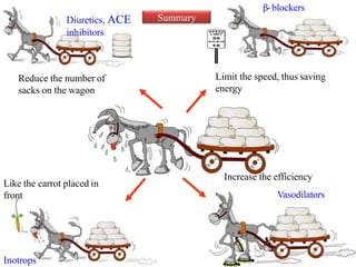 Summary
Reduce the number of
sacks on the wagon
Limit the speed, thus saving
energy
Like the carrot placed in
front
Inotrops
Increase the efficiency
Vasodilators
β-blockers
Diuretics, ACE
inhibitors
 