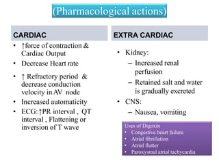 CARDIAC
• ↑force of contraction &
Cardiac Output
• Decrease Heart rate
• ↑ Refractory period &
decrease conduction
velocity inAV node
• Increased automaticity
• ECG:↑PR interval , QT
interval , Flattening or
inversion of T wave
EXTRA CARDIAC
Major effects of digoxin
• Kidney:
– Increased renal
perfusion
– Retained salt and water
is gradually excreted
• CNS:
– Nausea, vomiting
(Pharmacological actions)
Uses of Digoxin
• Congestive heart failure
• Atrial fibrillation
• Atrial flutter
• Paroxysmal atrial tachycardia
 