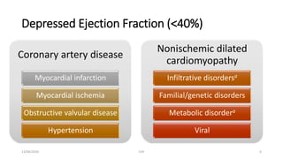 Depressed Ejection Fraction (<40%)
Coronary artery disease
Myocardial infarction
Myocardial ischemia
Obstructive valvular disease
Hypertension
Nonischemic dilated
cardiomyopathy
Infiltrative disordersa
Familial/genetic disorders
Metabolic disordera
Viral
13/04/2020 CHF 6
 